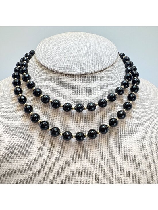 Unique Vintage Jewelry - Black Onyx Vintage 7mm Alternating 10K Gold Bead Necklace No Clasp 20" Length